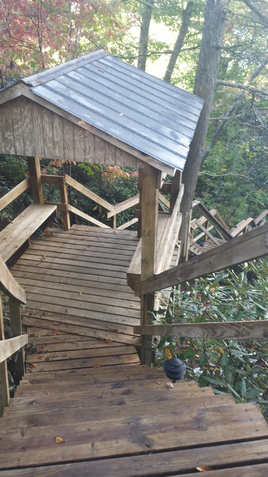 Metal roofed shelter over wooden steps on a wooded walkway — Skylight Repair & Installation work by our crew in Callahan
